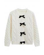 Bowknot Snap Button Braid Knit Cardigan in White