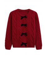 Bowknot Snap Button Braid Knit Cardigan in Red