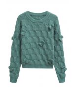 Playful Bow Geometric Textured Knit Sweater in Green