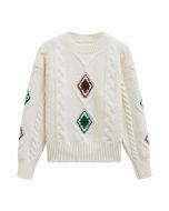 Festive Geometric Braid Knit Sweater in White