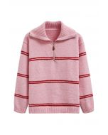 Sporty Stripes Half-Zip Collar Knit Sweater in Pink