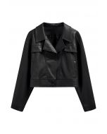 Faux Leather Fake Flap Pocket Stud Button Jacket in Black