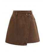 Double-Buttoned Flap Denim Mini Skirt in Brown