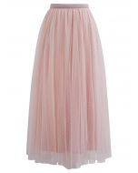 Flock Dots Double-Layered Mesh Tulle Maxi Skirt in Pink