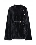 Rhinestone Button Wrap Faux Fur Cape Coat in Black