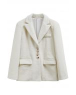 Peak Lapel Buttoned Faux Fur Blazer Coat in Ivory