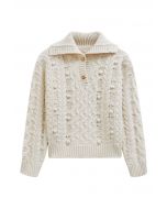 Button Neck Pom Pom Chunky Cable Knit Sweater in Ivory