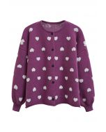 Fuzzy Heart Jacquard Knit Button Cardigan in Violet