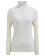 Softness Turtleneck Ribbed Texture Knit Top in White