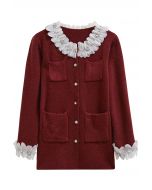 3D Petal Neckline Patch Pocket Knit Cardigan in Burgundy