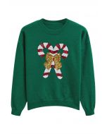 Sequin Bowknot Candy Cane Knit Sweater in Green