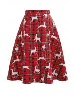 Festive Reindeer Plaid Flare Midi Skirt