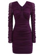 Illusion Plum Ruched Sheer Sleeve Mini Dress