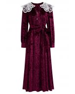 Lace Doll Collar Velvet Midi Dress in Burgundy