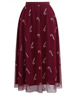 Shimmer Candy Cane Mesh Tulle Midi Skirt in Burgundy