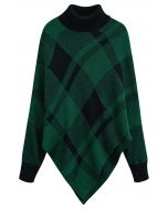 Festive Plaid Turtleneck Knit Poncho in Green