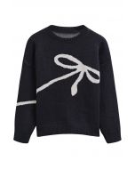 Contrast Color Boucle Bow Knit Sweater in Black