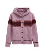 Contrast Fair Isle Buttoned Hooded Knit Cardigan in Lilac