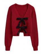 Shimmery Velvet Tie Front Crop Knit Cardigan in Red