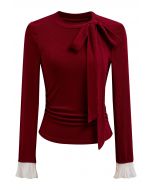 Side Bowknot Spliced Ruffle Cuff Top in Red