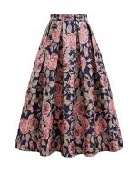 Enchanted Pink Rose Jacquard Pleated Midi Skirt in Navy