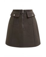 Effortless Charm Flap Pocket Zipper Mini Skirt in Brown