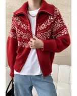 Double-Zip Fair Isle Jacquard Knit Cardigan in Red