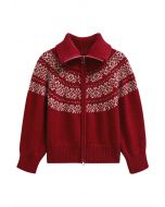 Double-Zip Fair Isle Jacquard Knit Cardigan in Red