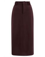 Everyday High-Waisted Back Split Midi Skirt in Burgundy