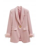 Feather Cuff Shawl Collar Satin Blazer