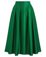 Sleek Side Pockets Pleated A-Line Midi Skirt in Green