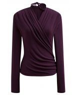 Faux-Wrap Ruched Top with Choker in Purple