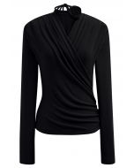 Faux-Wrap Ruched Top with Choker in Black