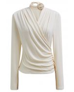 Faux-Wrap Ruched Top with Choker in Cream