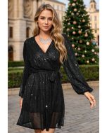 Glitter Glow Tie-Waist Wrap Mini Dress in Black