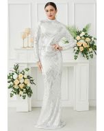 Geometric Sequin Mock Neck Mermaid Gown in White