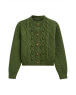 Euphoric Pom-Pom Waffle Knit Crop Cardigan in Green