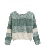 Fuzzy Contrast Stripe Ribbed Knit Sweater in Sage