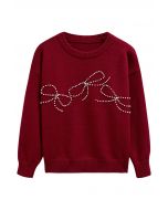 Adorable Bowknot Pearl Trim Knit Sweater