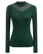 Double-Layered Mesh Spliced Fitted Top in Green