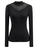 Double-Layered Mesh Spliced Fitted Top in Black