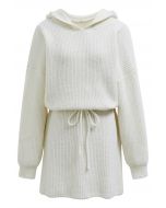 Drawstring Waist Hooded Ribbed Knit Sweater Dress in White