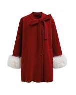 Pretty Bowknot Faux Fur Buttoned Knit Coat in Red