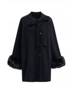 Pretty Bowknot Faux Fur Buttoned Knit Coat in Black