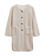 Collarless Button Down Sherpa Longline Coat in Ivory