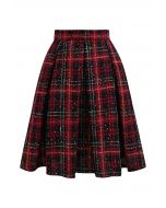 Shining Plaid High Waist Pleated Tweed Skirt in Red