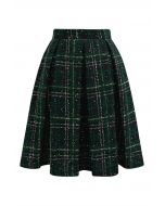 Shining Plaid High Waist Pleated Tweed Skirt in Dark Green