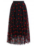 3D Heart Double-Layered Mesh Maxi Skirt in Black