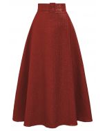 Metallic Embossed Belted A-Line Maxi Skirt in Red