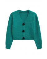 Stitch Rose Buttoned Crop Knit Cardigan in Teal